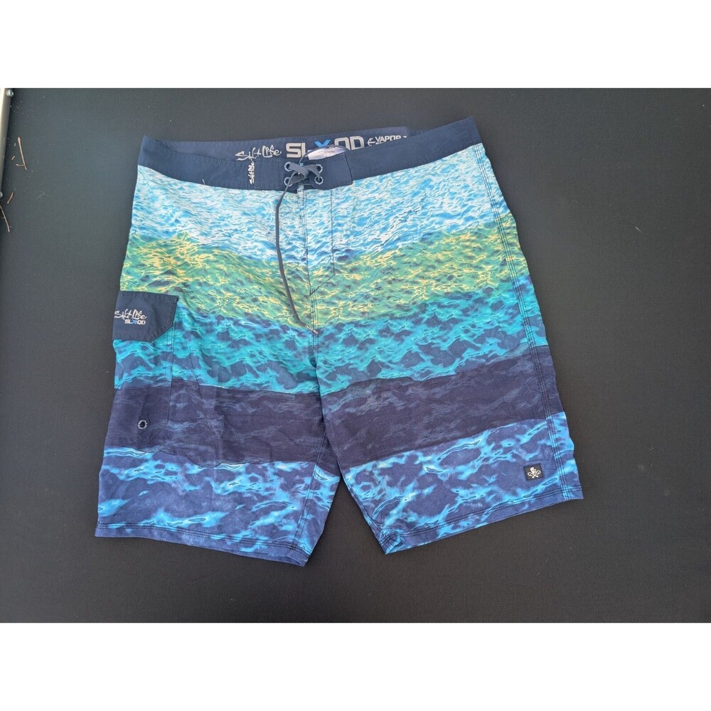 Salt Life Board Shorts SLX-QD Vapor Stretch Size 36 Blue Green White Aqua
